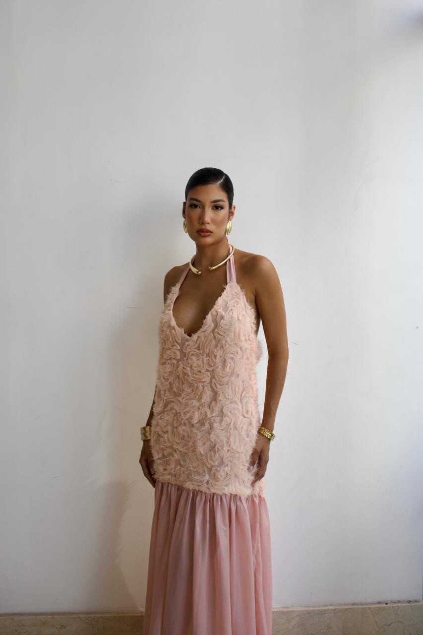 VESTIDO MIDI FRENTE ÚNICA EM CREPE DE SEDA COM BROCADO